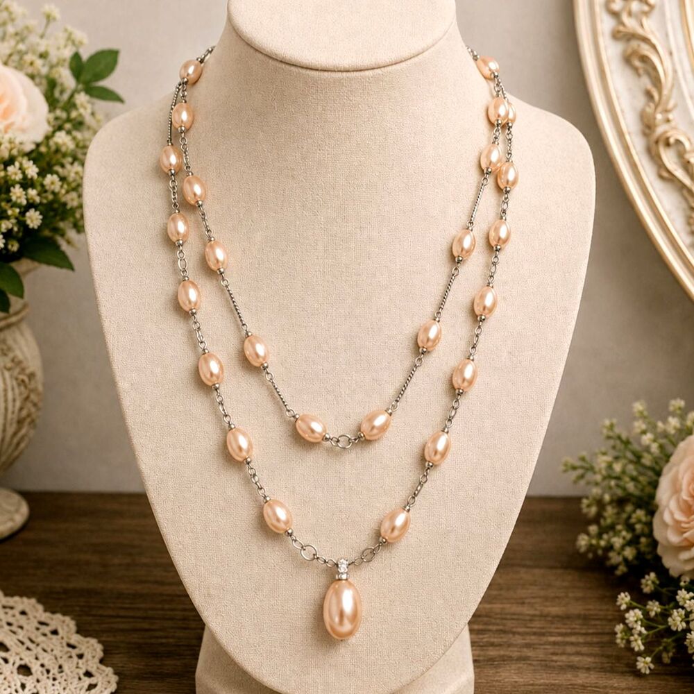 Vintage Monet Silver Tone Peach Faux Pearl Multi Strand Necklace Signed